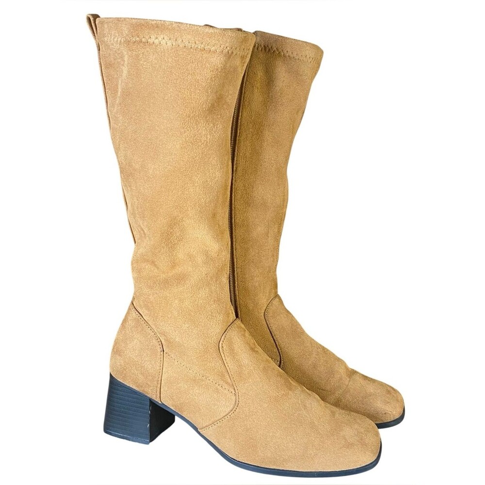 Fanfares Tall Faux Suede Boots Mid Calf Block Heel Side Zip Style Tami SZ 7.5